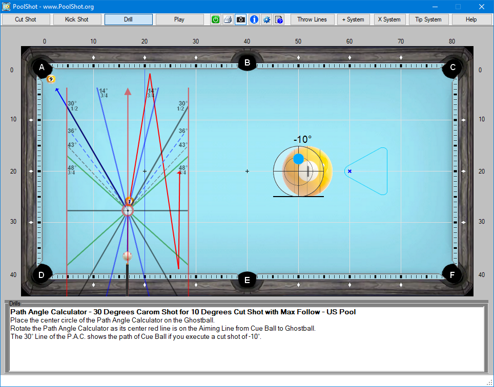 Path Angle Calculator - 30 Degrees Carom Shot for 10 Degrees Cut Shot with Max Follow - US Pool